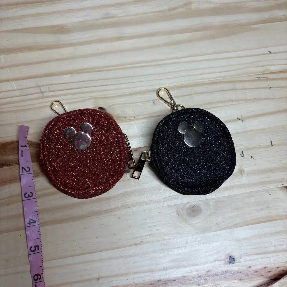 Disney Mickey Mouse Coin Purse Black Red Glitter Shimmer Zip Around -- Lot of 2